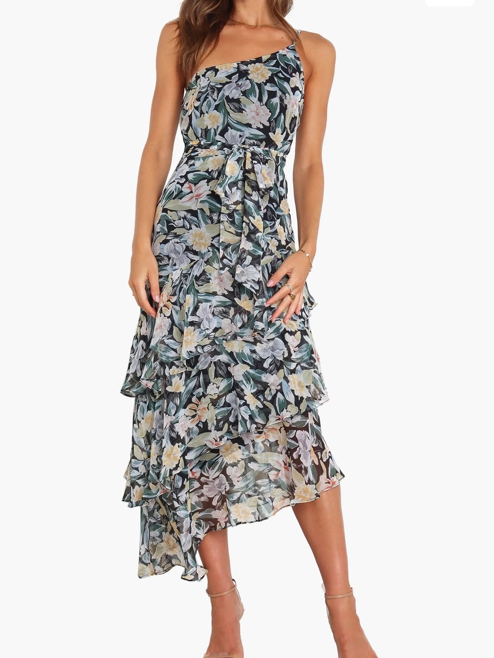 NWT Petal n Pup Floral One-Shoulder Tiered Midi Dress in Black and Blue Size 6